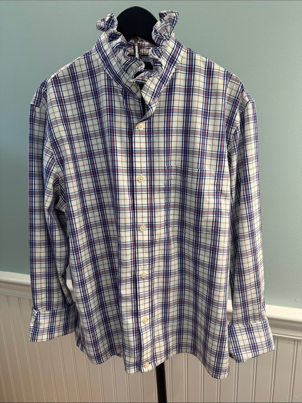Reimagined Plaid Button-Up Blouse in White, Blue and Purple with ruffle collar.